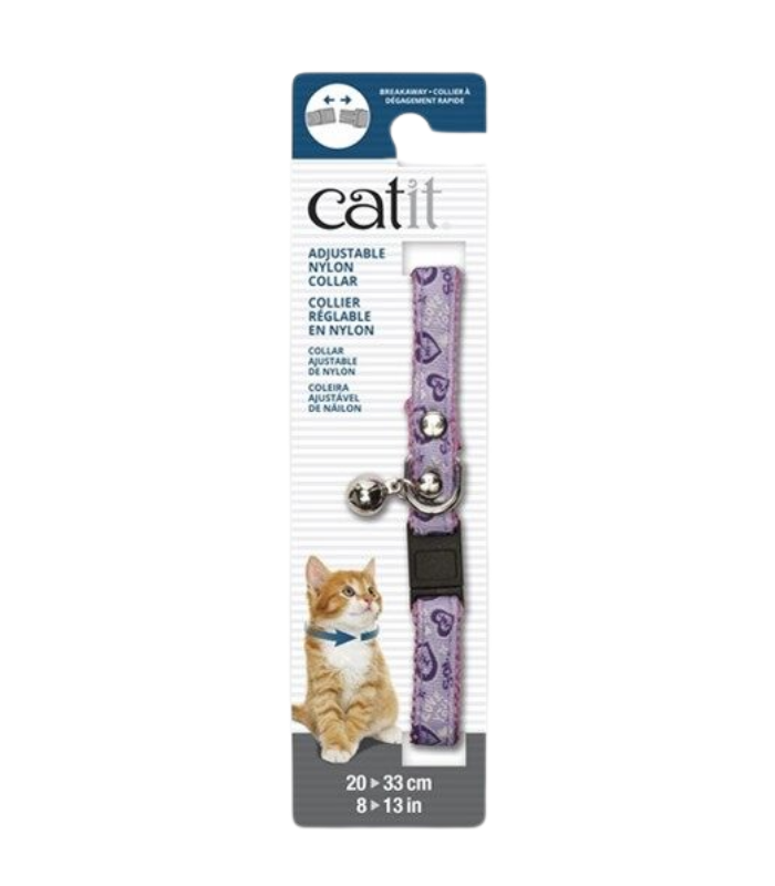 CATIT Adjustable Nylon Collar w/Rivets Pink w/Purple Hearts 0.8cm - Image 1