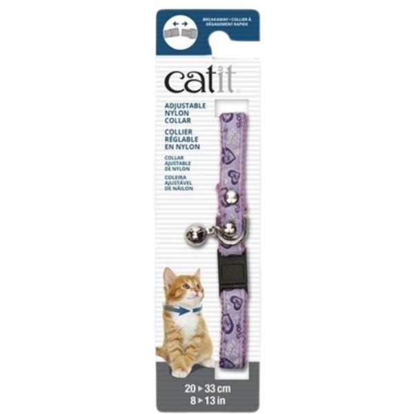 CATIT Adjustable Nylon Collar w/Rivets Pink w/Purple Hearts 0.8cm