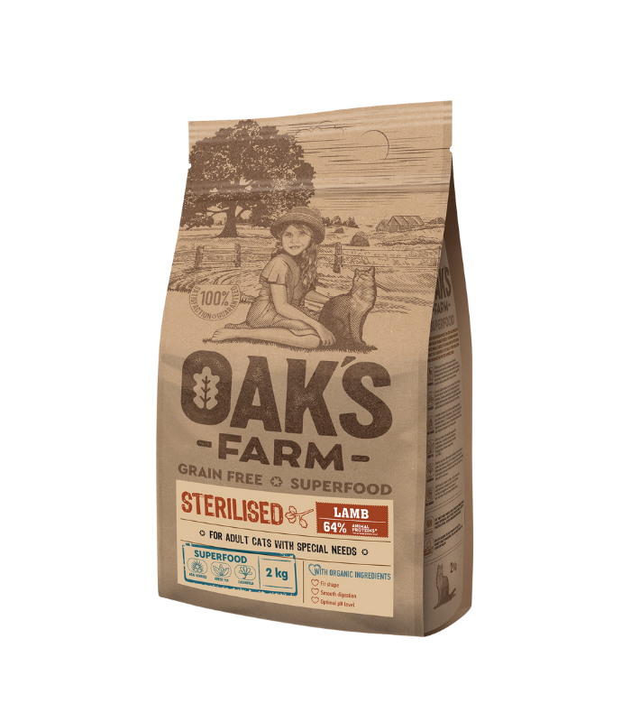 OAK'S FARM Grain Free Sterilised Lamb Adult Cat 2kg - Image 1
