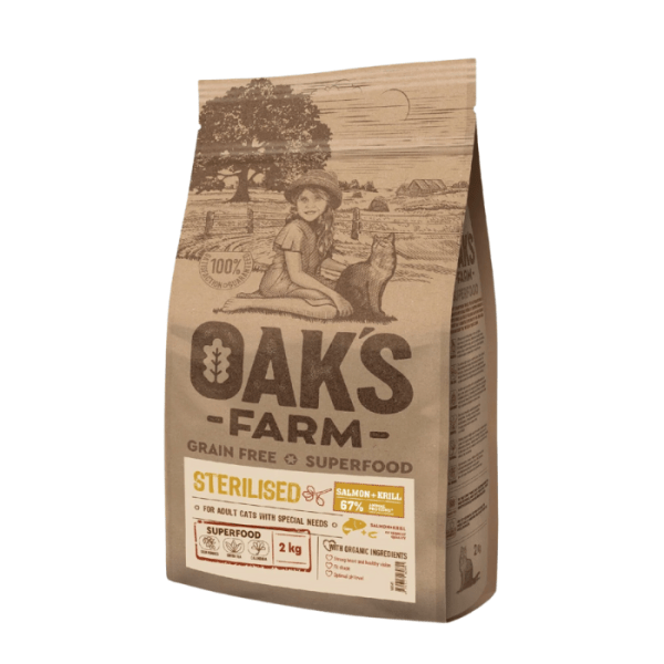 OAK'S FARM Grain Free Sterilised Salmon with Krill Adult Cat 2kg