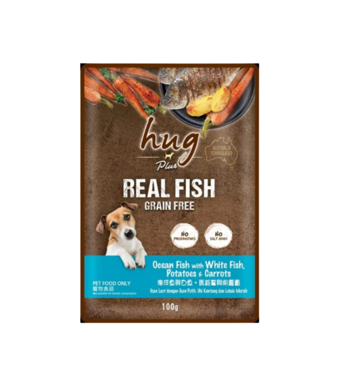 HUG Plus Pouch Ocean Fish with White Fish, Potatoes and Carrots 100g - Image 1