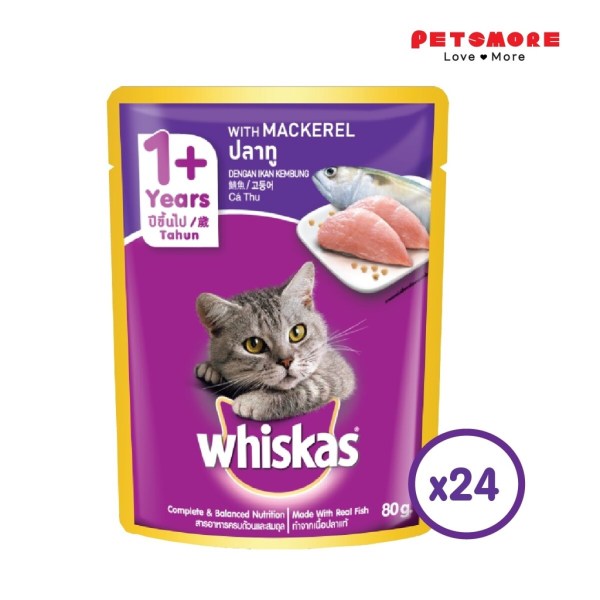 WHISKAS Pouch Cat Wet Food Adult Mackerel 80g x 24 [Carton Pack] / Makanan Kucing