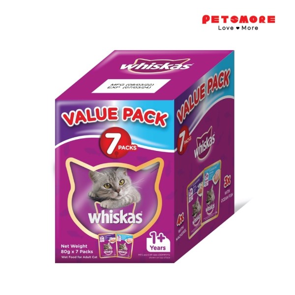 WHISKAS Pouch Adult Mackerel + Ocean Fish 80g Value Multi-Pack / Makanan Kucing / Cat Wet Food