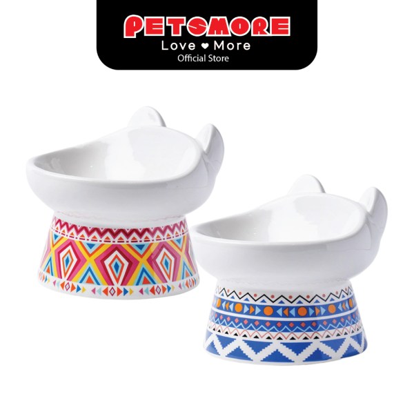 Petido Ceramic Cat Raised Stand Bowl - Bohemia/Blue/Red