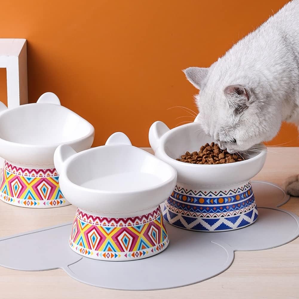 Petido Ceramic Cat Raised Stand Bowl - Bohemia/Blue/Red - Image 4