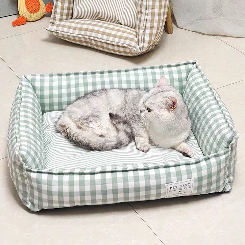 PET-iDO Soft Pet Sofa Bed for Cats & Small Breed Dogs - Check Cotton (Khaki / Green) - Image 3