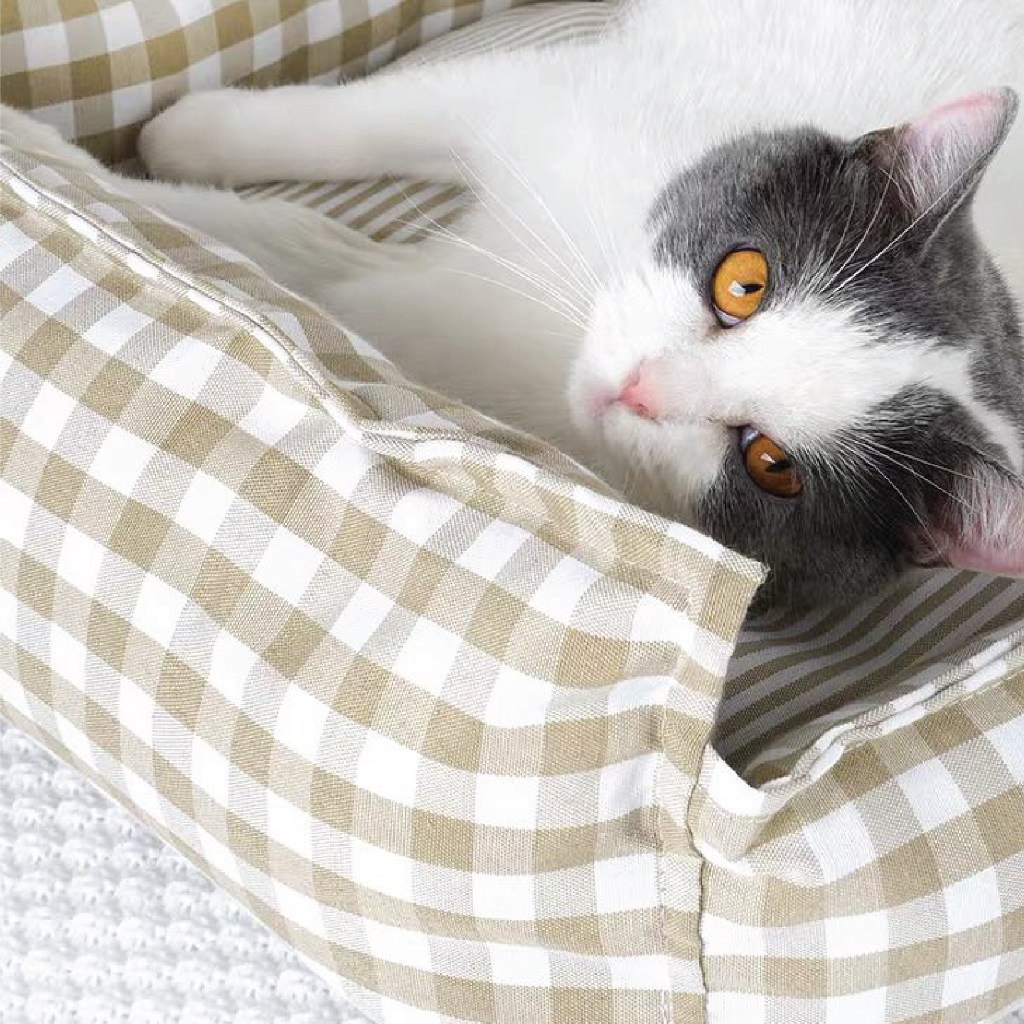 PET-iDO Soft Pet Sofa Bed for Cats & Small Breed Dogs - Check Cotton (Khaki / Green) - Image 5