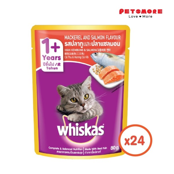 WHISKAS Pouch Cat Wet Food Adult Mackerel & Salmon 80g x 24 [Carton Pack] / Makanan Kucing